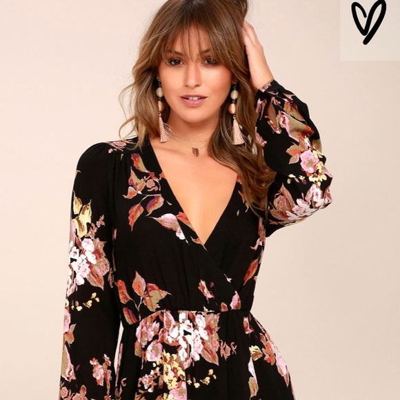 Lulus Dresses & Skirts - IN BLOOM BLACK FLORAL PRINT WRAP DRESS
